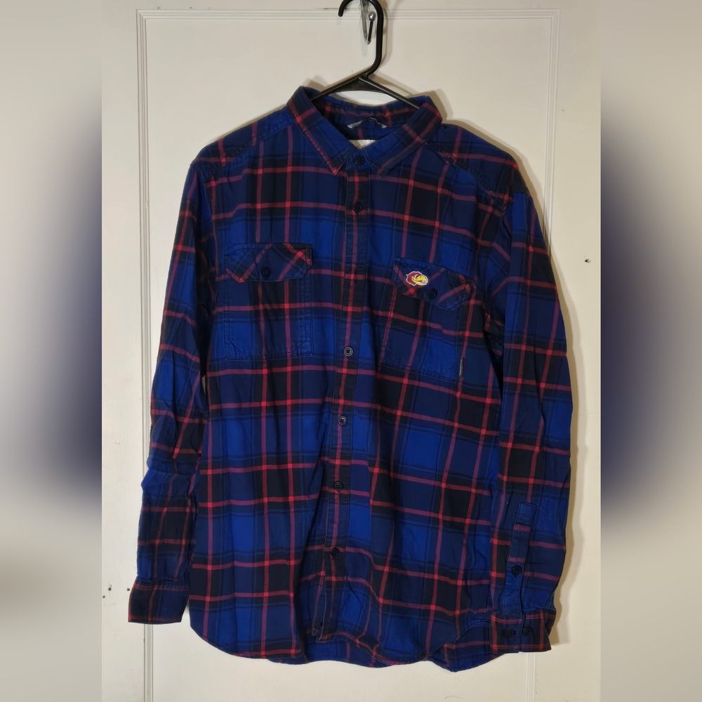 Columbia KANSAS JAYHAWKS Blue Plaid Flannel Shirt LARGE